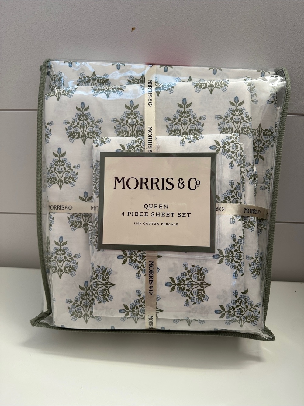 Morris & Co QUEEN 4-Piece 100% Cotton Sheet Set With Blue Flowers